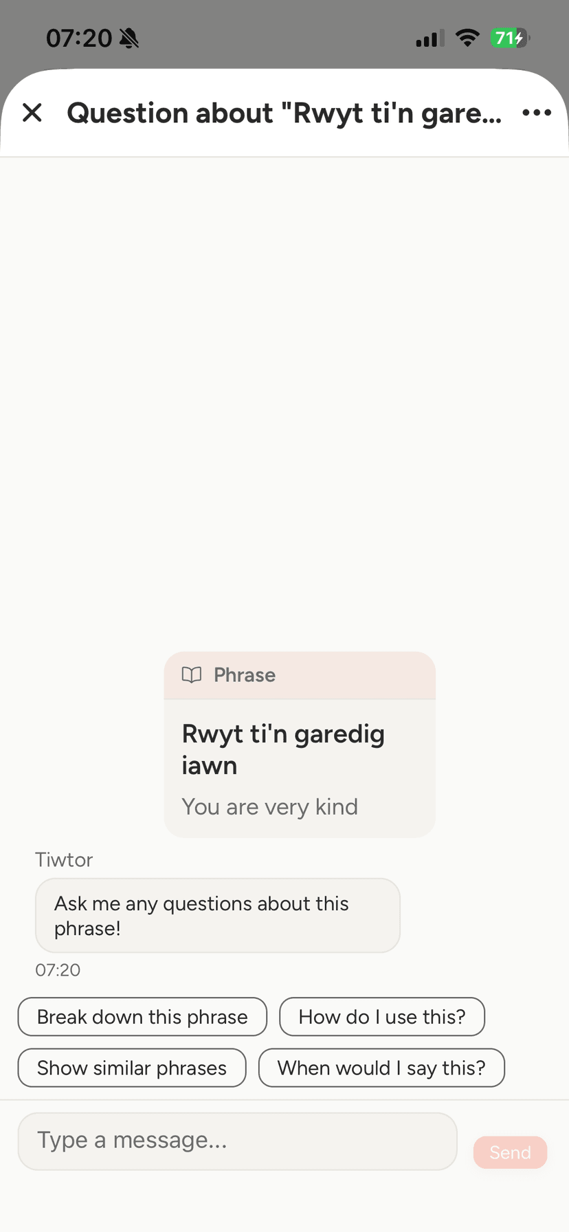 Chat interface showing AI assistant helping with phrase questions