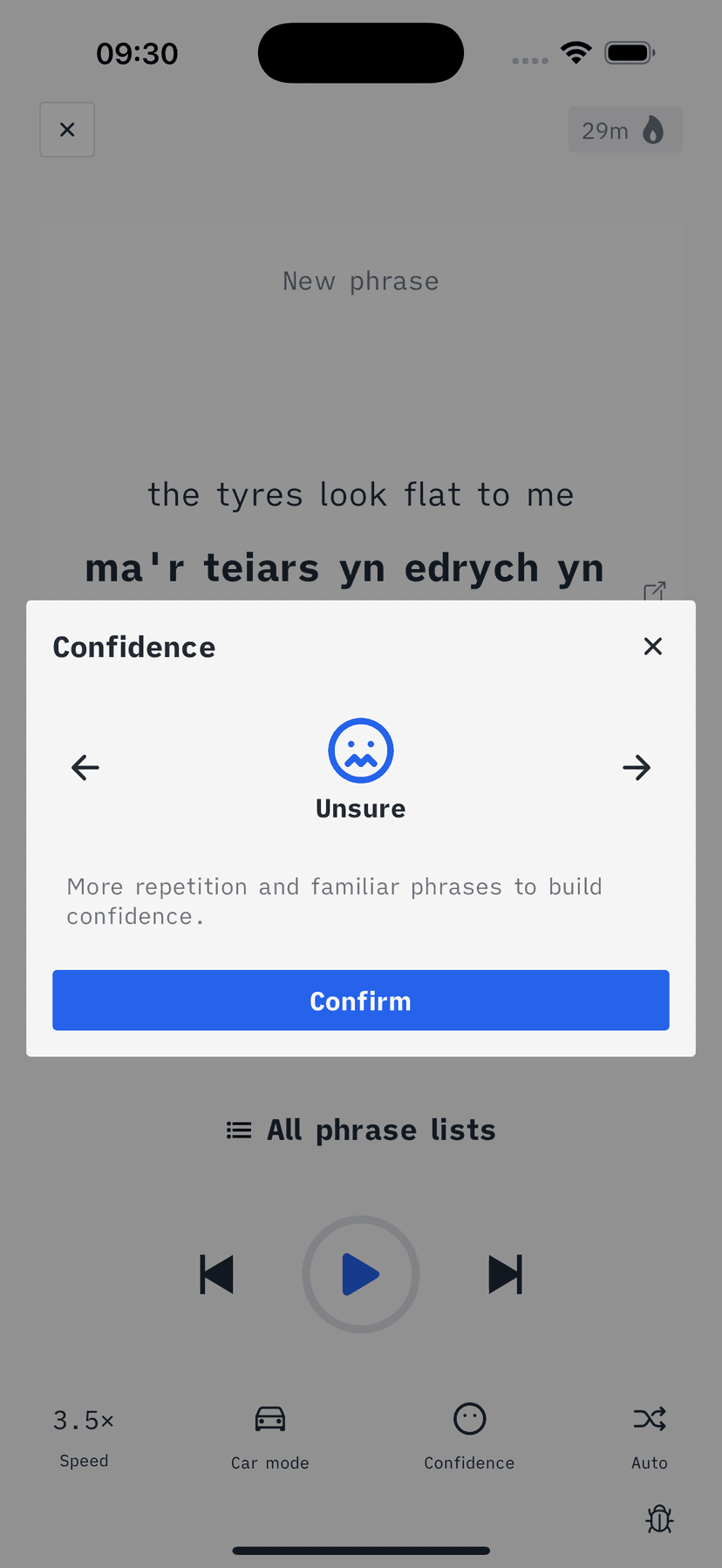 Library screen showing phrase lists and statistics
