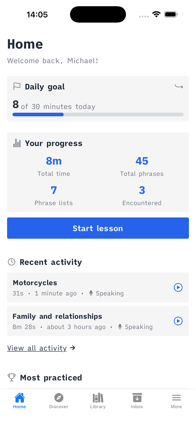 Goals and tracking screen showing progress