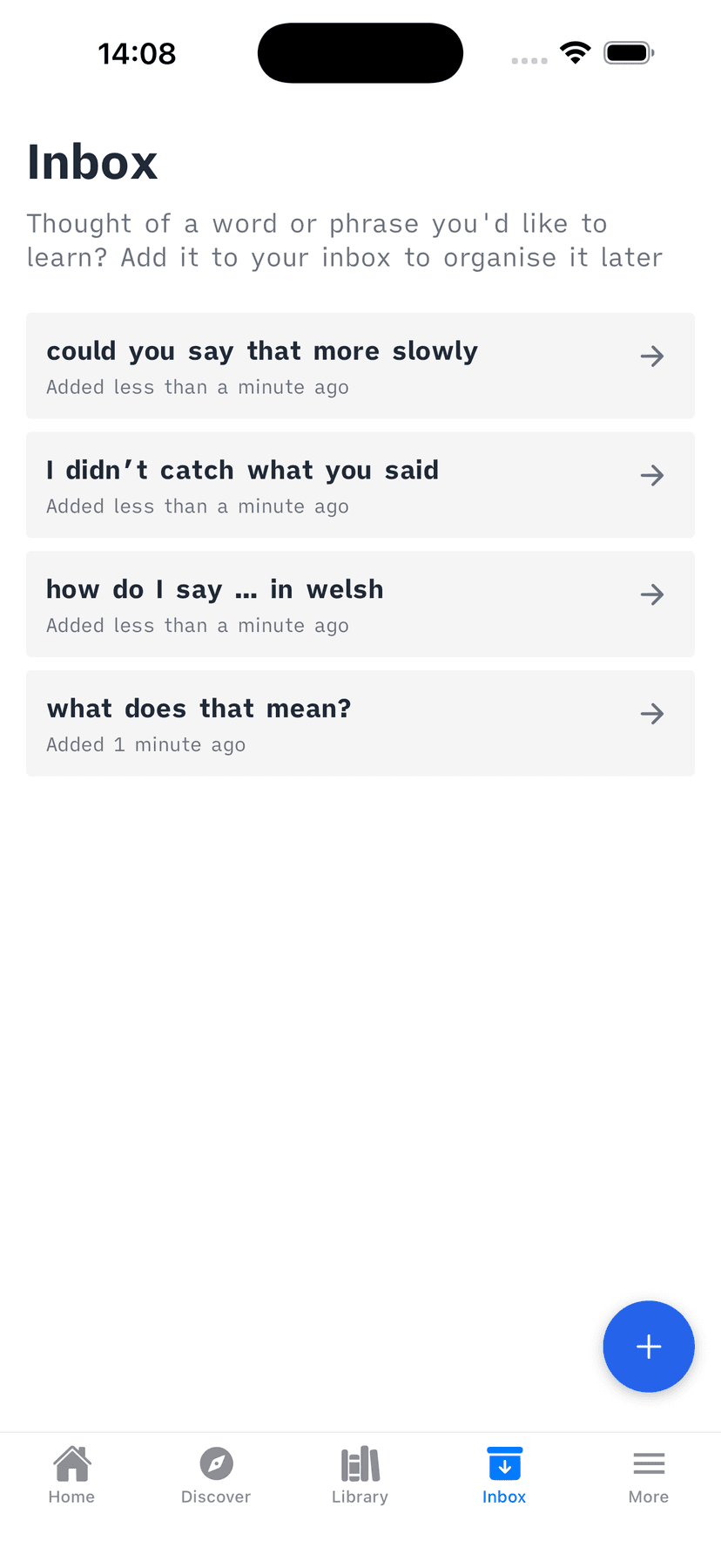 Phrase inbox screen showing phrases