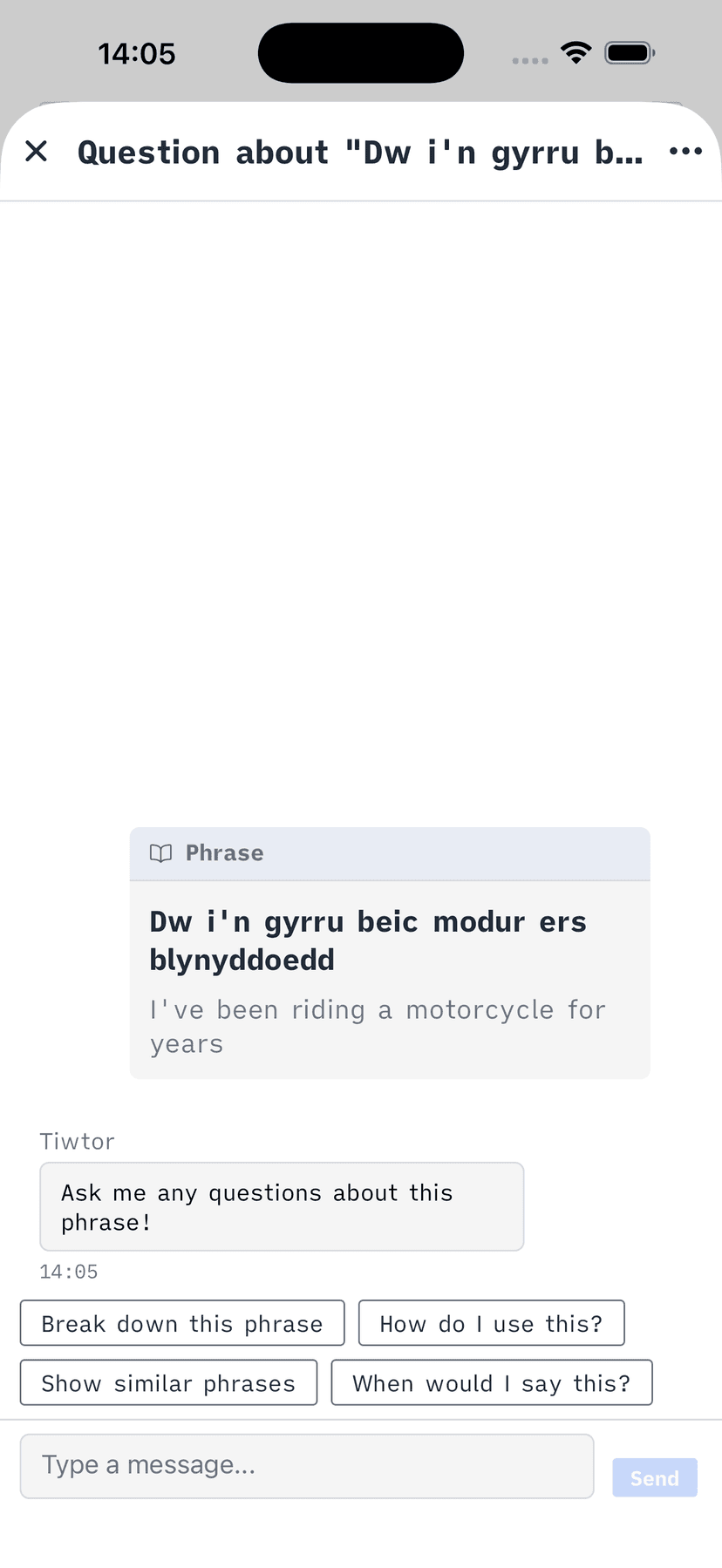 Chat interface showing AI assistant helping with phrase questions