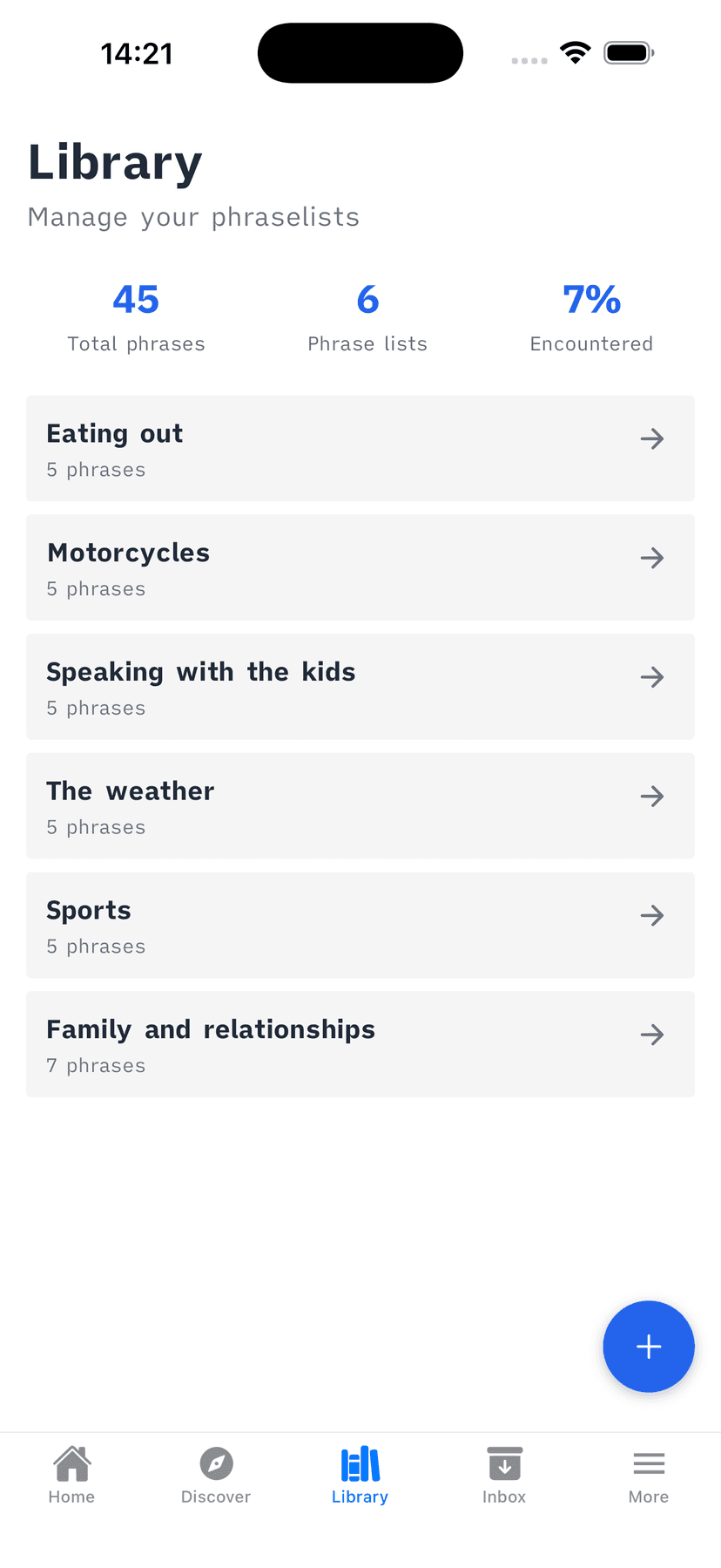 Library screen showing phrase lists and statistics
